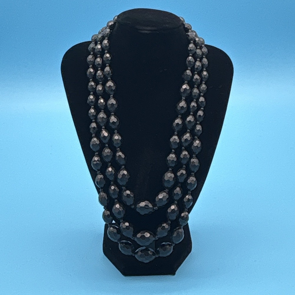 Vintage 1960s Hong Kong Triple Strand Black Faceted Bead Necklace Box Clasp